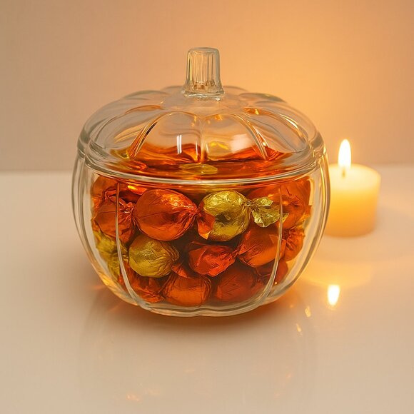 Elegant Clear Glass Pumpkin Jar with Lid – Fall Décor Candy Dish Centerpiece - Picture 4 of 4